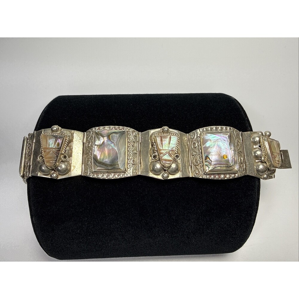 VTG Mexico Sterling Silver Abalone Mayan Aztec Warrior Panel Bracelet 55 Grams